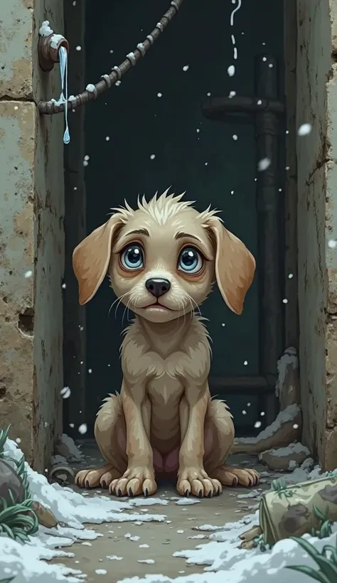 Close-up of the puppy shaking in the cold, curled up near a leaking pipe. Bones visible, eyes teary and huge. Trash scattered n...