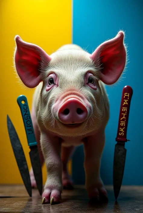 pig on a yellow-blue background with knives and lettering on top "Skazenii hohli"