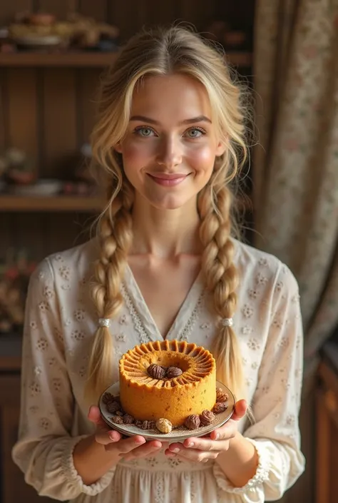 A hyper-realistic image of a young woman with soft golden-blonde hair, styled into two full, neat braids. She is wearing an eleg...