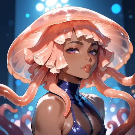 solo, dark skinned femboy, jellyfish demi-human, tentacle hair, translucent tentacles