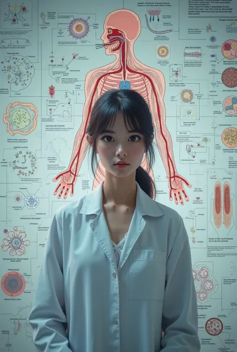 Female student character facing front with lab gown background is immune system diagram