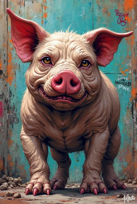 Create me a drawing of a pitbull dog combined with a pig something like street graffiti character