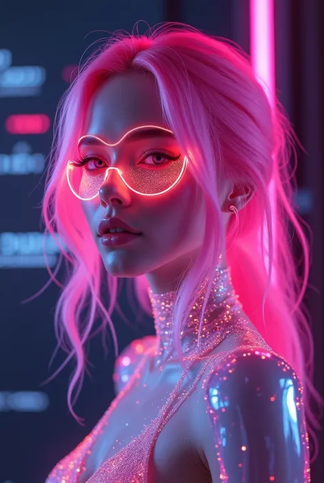 Soluk tenli, Neon pink hair, a girl with digital light rings in her eyes.transparent on, there is a shiny latex-like body (body ...