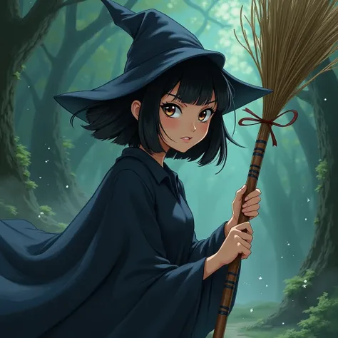Black bob-haired witch holding a gibli striped broom