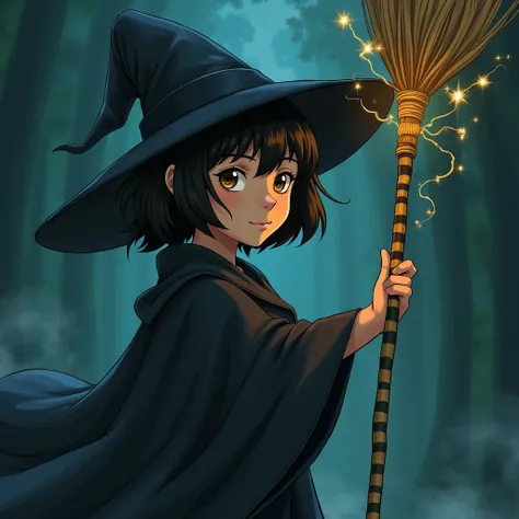 Black bob-haired witch holding a gibli striped broom