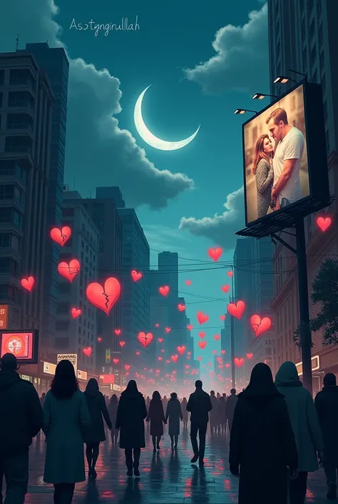 A symbolic digital illustration showing a modern city with neon lights, broken hearts floating in the air, and people walking wi...