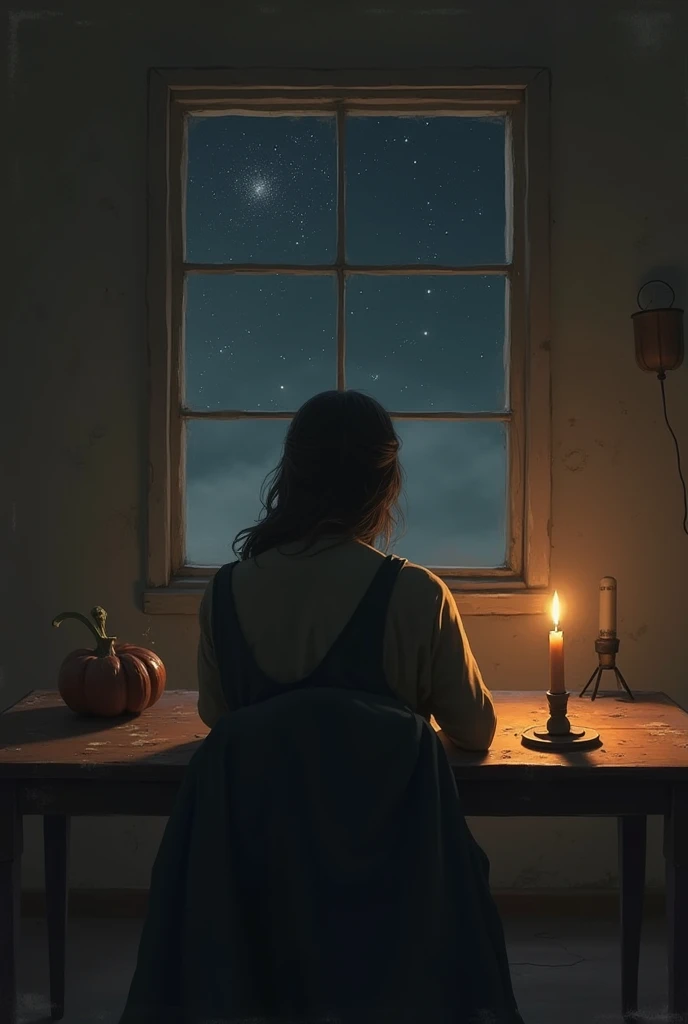 The prophet Joel man, with her back, Sitting in front of a table, With a candle, Let you see a window and the starry sky, that m...