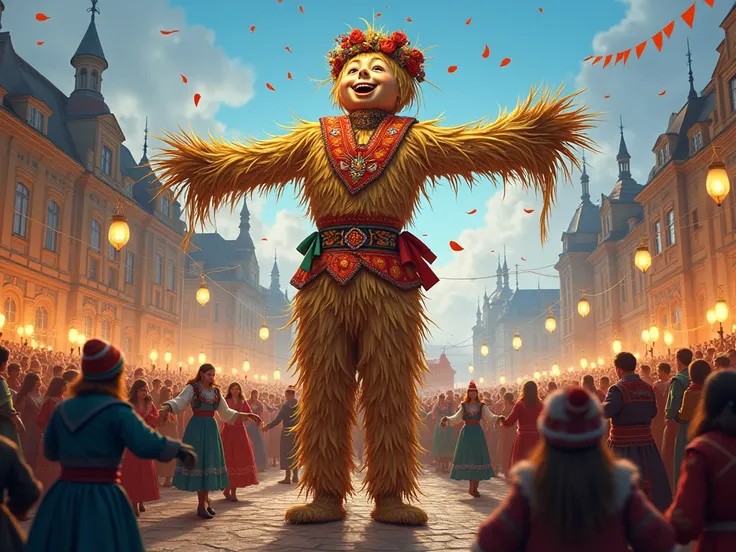 Graphic Illustration, celebrating the Slavic holiday of Maslenitsa on the city square with a straw scarecrow