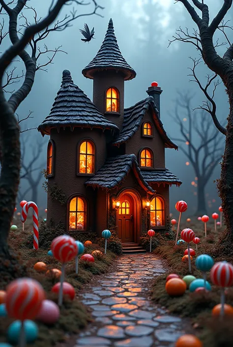 A dark whimsical candyland inspired by Tim Burton's style. A large, eerie but charming cake house big enough to walk into, with ...