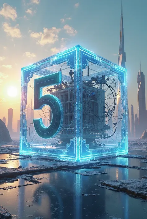 A large transparent cubic dice with a power transformer and number 5