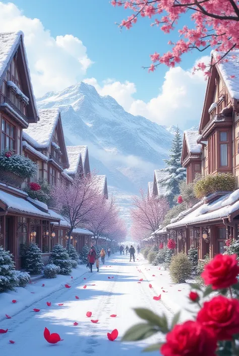I want a picture of a beautiful city. There is snow, red roses, houses, everyone, a nice street, nice cars, and people.