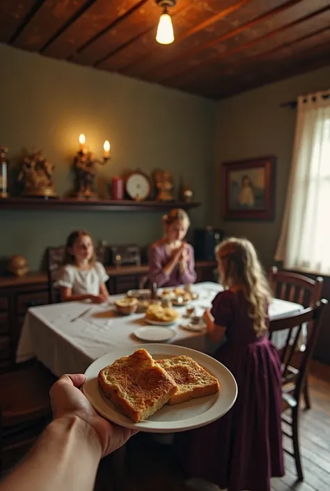 A woman's first-person point of view, Her hands were in the front holds a plate of toast. She is serving a warm banquet and tend...