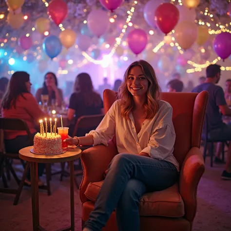 "a picture of a person sitting on a chair, surrounded by a festive atmosphere full of bright lights and colorful decorations. sh...