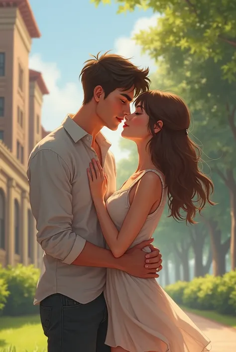 A handsome male student huge his pretty girl student.