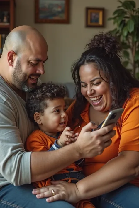 Full body. A fat Bald Brazilian man, average appearance, 36 years old, a father teaching his wife and son how to make a call on ...