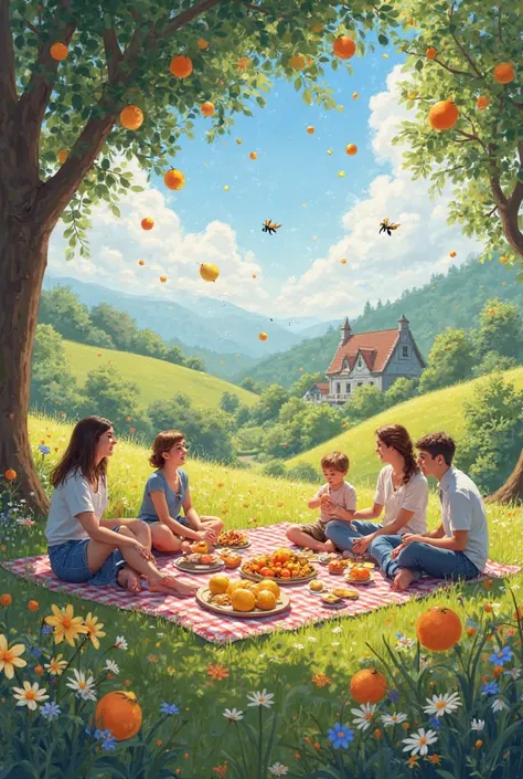A day in the countryside with people picnicking with flowers around with a shower of citrus fruits, orange and lemons