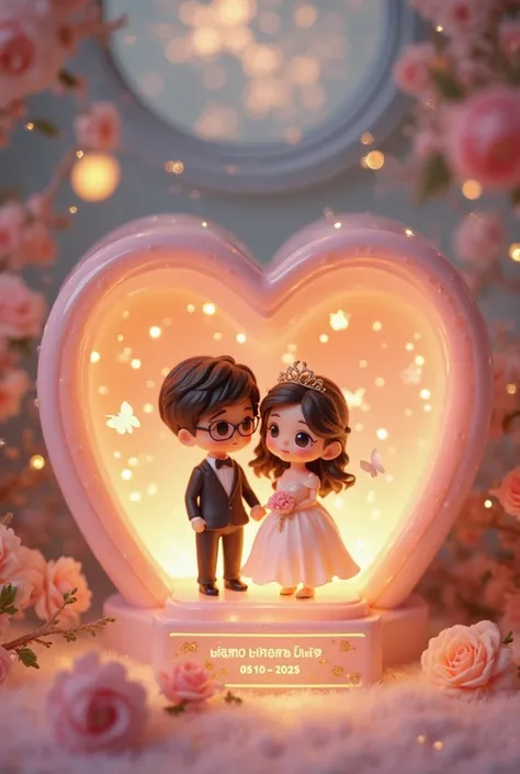 A pastel pink heart-shaped display case with a soft fairytale glow, containing two chibi figurines of bride Trinh Vu and groom w...