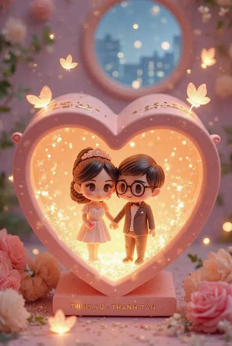 A pastel pink heart-shaped display case with a soft fairytale glow, containing two chibi figurines of bride Trinh Vu and groom w...