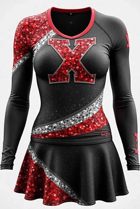 Creates a design of a cheerleader's uniform with a skirt and with a single long sleeve, That the uniform has sparkles, with the ...