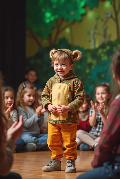 A cheerful preschool student performing a character in a stage drama at a school hall. The is wearing a colorful costume, stand...