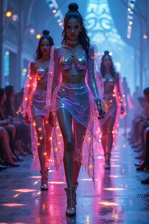 fashion runway, With very pretty women models
The theme should be about rave and electronic music, with LED lights