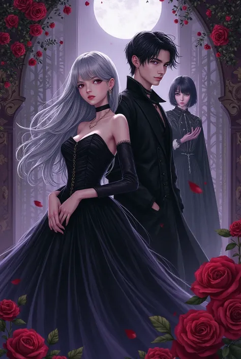 Art manhwa like novel show four characters Create a dark fantasy romance book cover with a gothic atmosphere. In the foreground,...