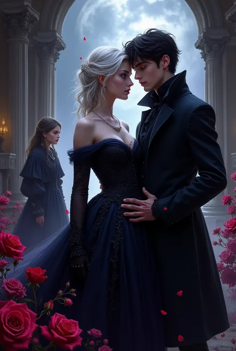 Manhaw like art for novel cover Create a dark fantasy romance book cover with a gothic atmosphere. In the foreground, feature a ...