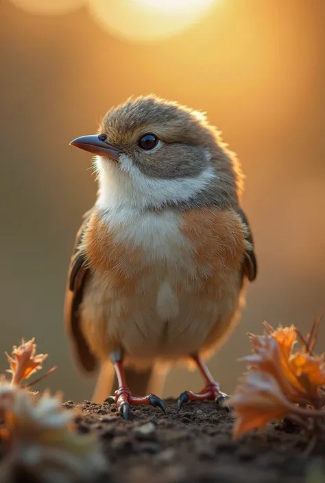A mesmerizing close-up portrait of a gorgeous little bird illuminated by the soft, golden light of a tranquil morning, with vibr...