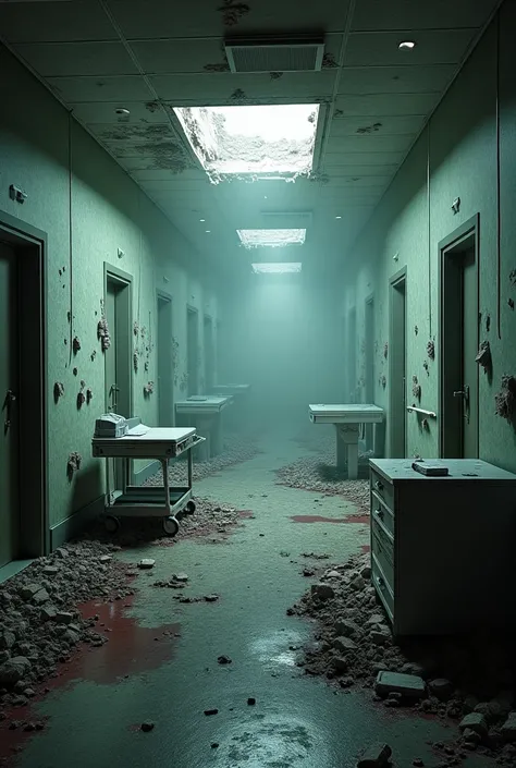 Destroyed hospital, a covered in dust and blood 3d cinematic and realistic