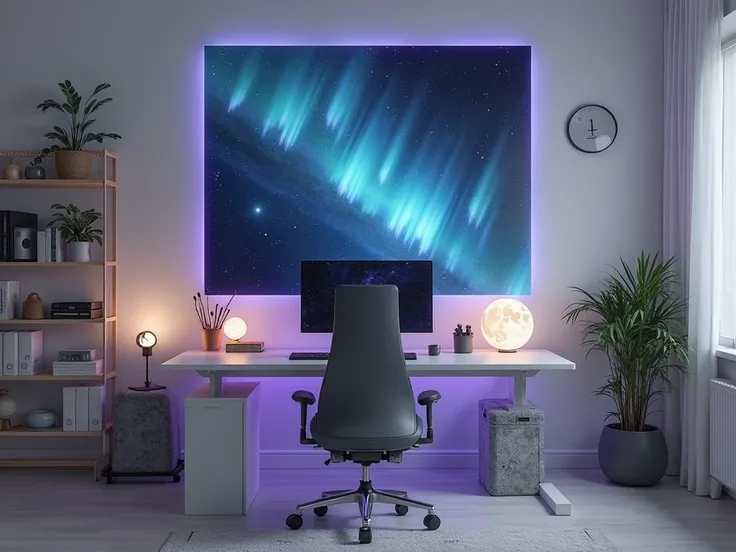 A minimalist, clean space-themed gaming studio, white and grey tones, starry night sky wallpaper, moon lamp on desk, ultrawide m...