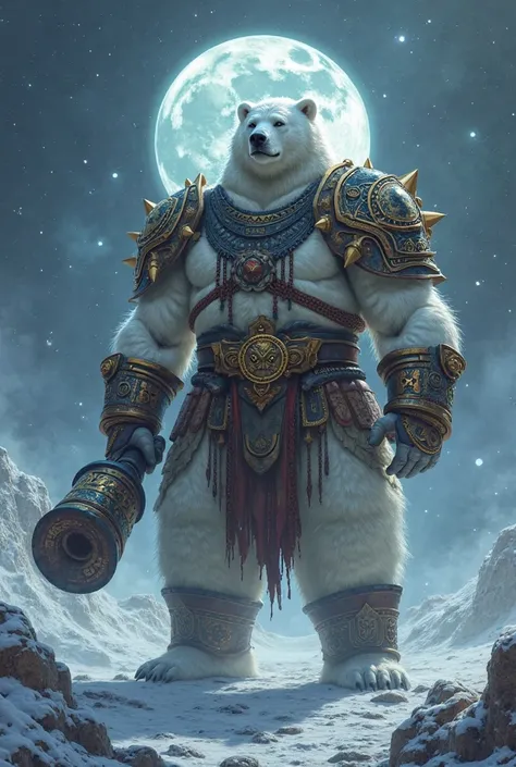With the same previous style, create an ancient polar bear warrior that has a patch on his left eye and has a manual cannon that...