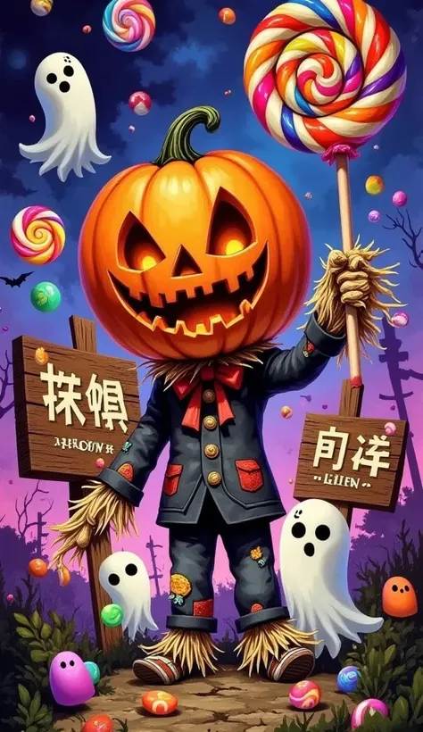 logo design, Keith Harlin ( Keith Harlin ) style: a pumpkin-headed scarecrow , Halloween, Holding a lollipop, spooky backgroun...