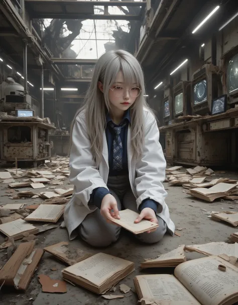 A Japanese woman with very long gray hair and glasses, wearing a long white lab coat over a navy shirt and blue diamond-patterne...