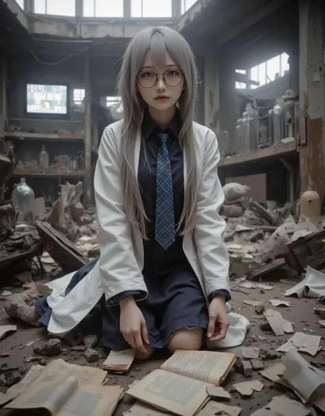 A Japanese woman with very long gray hair and glasses, wearing a long white lab coat over a navy shirt and blue diamond-patterne...