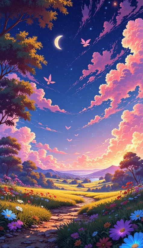 A vivid, highly detailed 8K scene of a magical hood dream. The setting is a whimsical, surreal landscape filled with vibrant col...