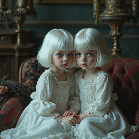 (2 cute twins little albino girls), , blue eyes, skin white as snow, white victorian clothes, sad, very beautiful, cozy atmosphe...