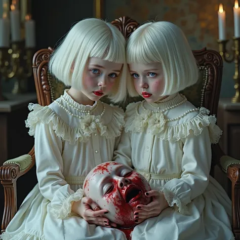 (2 cute twins little albino girls), , blue eyes, skin white as snow, white victorian clothes, sad, very beautiful, cozy atmosphe...