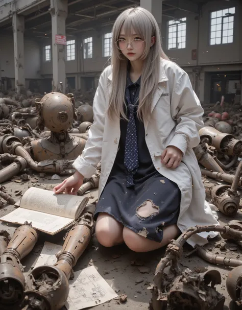 A Japanese woman with very long gray hair and glasses, wearing a long white lab coat over a navy shirt and a blue diamond-patter...