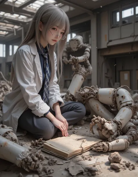 A Japanese woman with very long gray hair and glasses, wearing a long white lab coat over a navy shirt and a blue diamond-patter...
