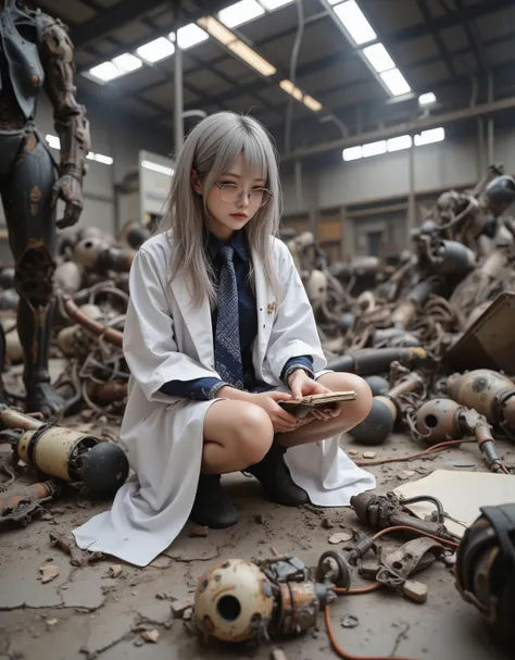 A Japanese woman with very long gray hair and glasses, wearing a long white lab coat over a navy shirt and a blue diamond-patter...