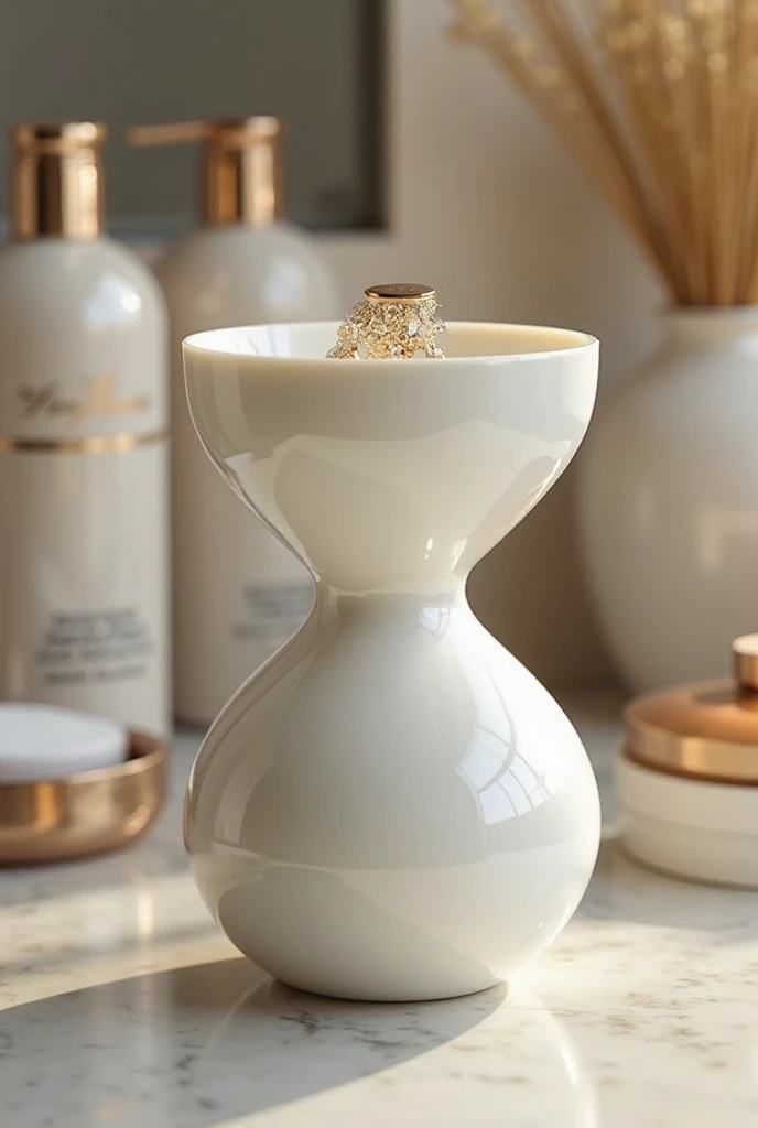 An hourglass-shaped container, for hair cream