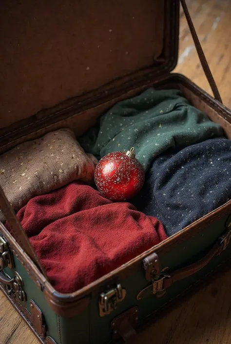 Open suitcase seen from above with a Christmas ball inside the clothes