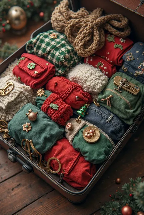 suitcase opened after a long journey, top view , with Christmas objects between clothes and a bit of Christmas background
