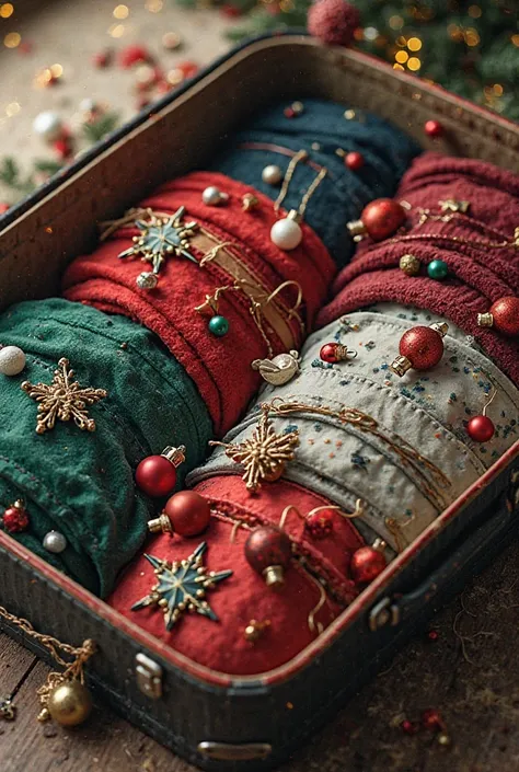 suitcase opened after a long journey, top view , with Christmas objects between clothes and a bit of Christmas background
