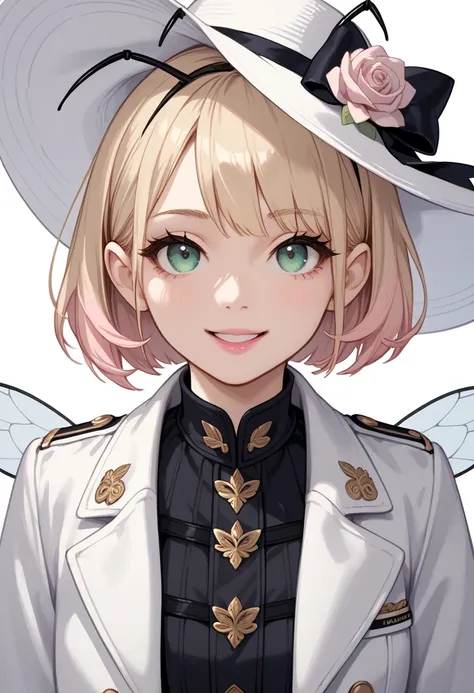 anime style,1 girl, Light Pink Lipstick,bobbed hair,solo,The actress is wearing a white hat,white garden hat,wearing the white c...