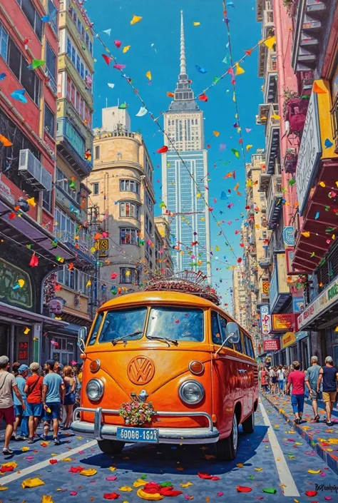 "Power Máquinas 20 anos na Av. Paulista", vibrant colored pencil style, 3D perspective, highly detailed, festive and celebratory...