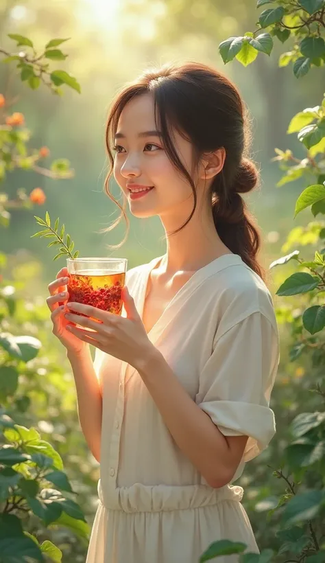"Create a vertical (9:16) semi-realistic digital painting or lifestyle-style image of a young woman standing in a garden, holdin...