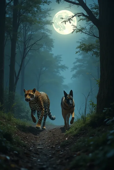 the leopard run away and the german shepered is injured his leegs in the forest and full moon