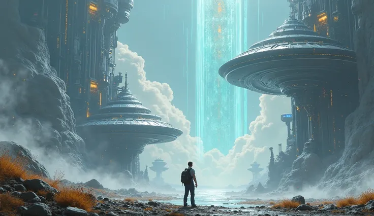Ethan froze, his heart racing. "What... what is this place?" he whispered to the voice futuristic place with a standard man with...