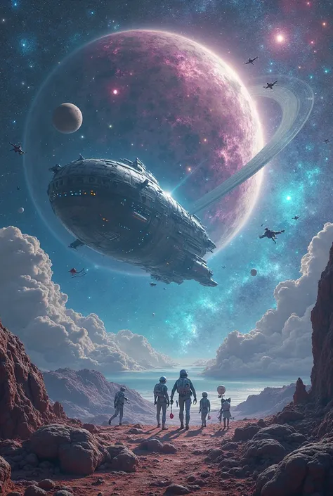 Infinite Space, where bright galaxies form a fascinating background. In the center is a huge intergalactic ship, floating throug...